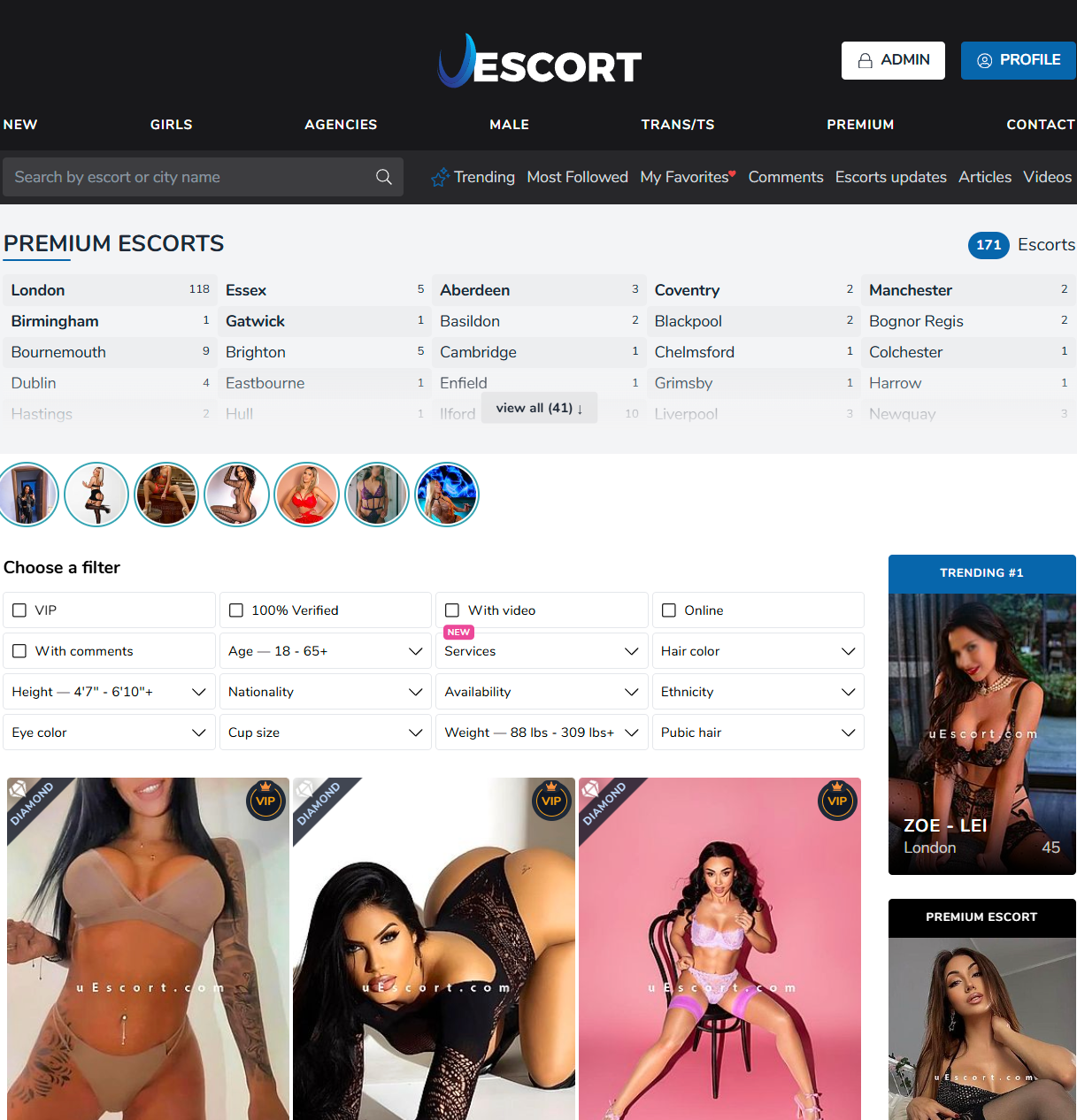 Mockup of an online escort directory with profiles and filters